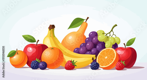 A vibrant assortment of various fruits displayed in a colorful and healthy composition