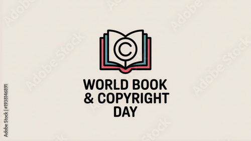 World book and copyright day logo with open book and copyright symbol on beige background