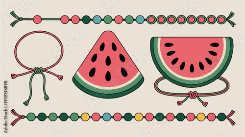 Colorful watermelon slices and beaded bangles on beige background with geometric patterns