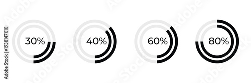 Circular progress indicators set showing percentage loading, statistics, and infographic data visualization.