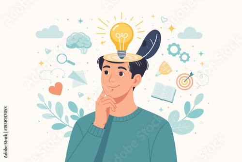 Creative Mindset and Emotional Intelligence Concept with a Man Thinking and a Glowing Lightbulb on His Head Symbolizing a Great Idea, Wisdom, Intuition, and Genius Brain Vector Illustration.
