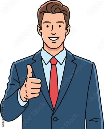 Smiling businessman gives a thumbs up gesture indicating approval.
