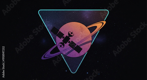 Stylized Planet with Rings and Satellite in Geometric Frame.