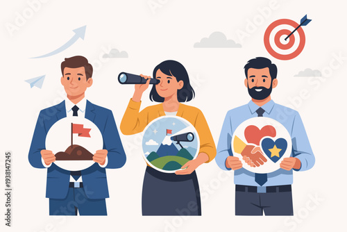 Business Team Presenting Company Mission Vision and Values Statement for Success Strategy Plan and Leadership Principles with Goal Target Achievement and Partnership Icons Illustration