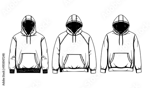 Campus Hoodie Line Art Vector Set Black and White Sweatshirt Apparel Illustrations Isolated on White