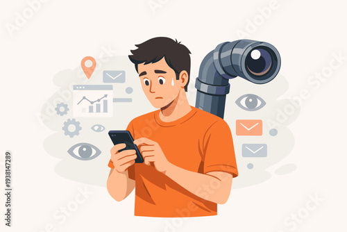 Worried Man Using Smartphone with Large Periscope Camera Watching Him, Concept of Mobile Privacy, Data Tracking, Surveillance, and Spyware Monitoring User Behavior for Marketing Data Collection.