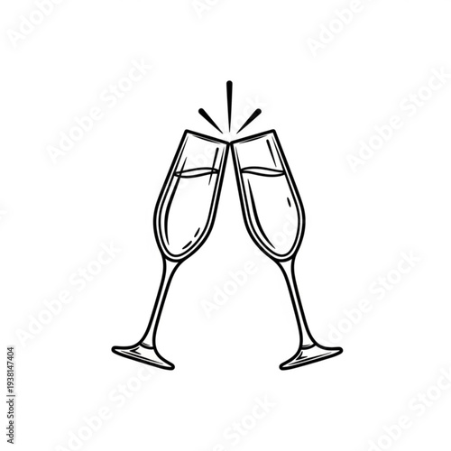 A minimalist line art illustration of two champagne glasses clinking together in a celebratory toast