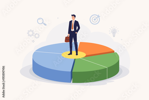 Businessman Standing on a 3D Pie Chart Representing Niche Market Segmentation, Target Audience Focus, and Business Strategy for Specific Customer Groups with Icons for Analysis and Growth Goals.