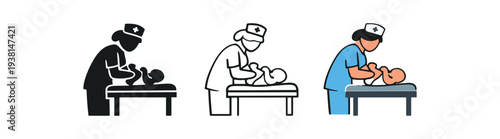 first diaper change icon on light background. nurse changing newborn diaper on hospital table. early care routine symbol. action clearly readable