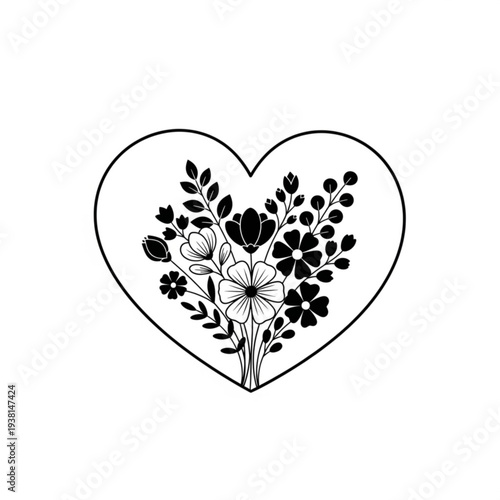 A minimalist black and white heart-shaped floral illustration with a bouquet of flowers and leaves