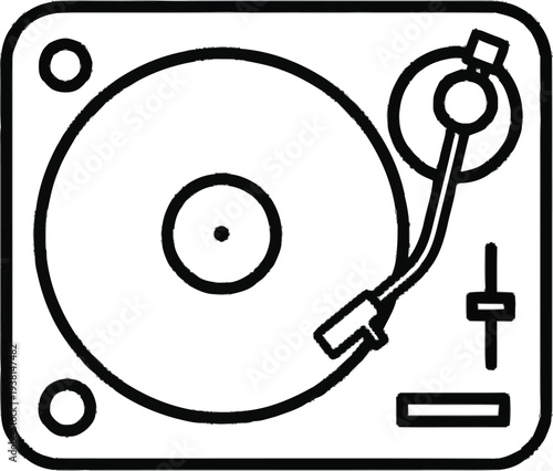 Record player turntable with tonearm and vinyl disc for playing music and DJing