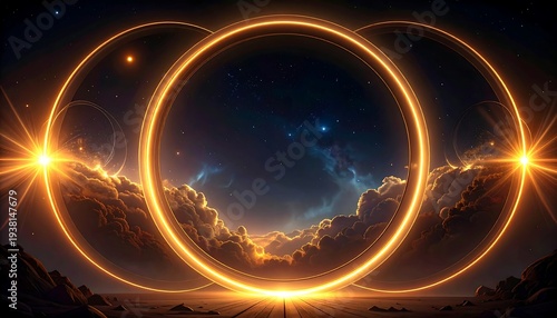 Three glowing gold rings frame a starlit, cloud-filled sky above a textured, dark horizon