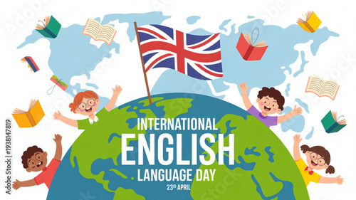 Children celebrating international english language day on earth with uk flag