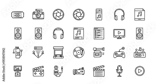A collection of media and entertainment icons in a flat line art style