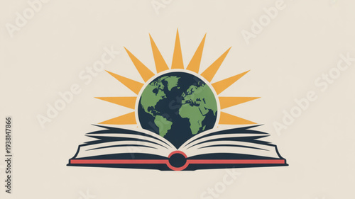 Open book with green earth and sunburst on beige background symbolizing education and global learning