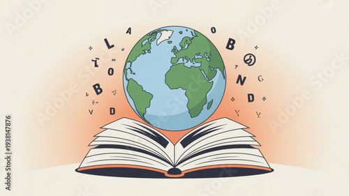Globe on open book with learning and education concept symbolizing knowledge and travel