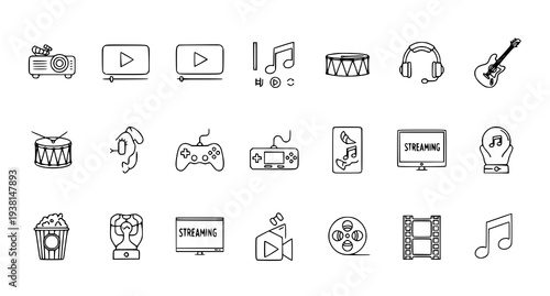 A collection of black and white line art icons representing various media and entertainment concepts