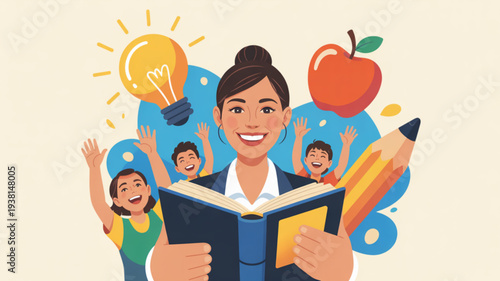 Smiling teacher with students learning reading book lightbulb idea apple pencil education concept