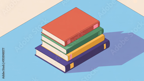 Stack of colorful books on blue background with shadow education and learning concept vibrant illustration style
