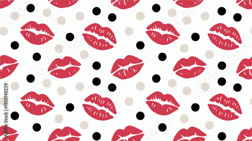 Vibrant red lips pattern with black and gray polka dots on white background perfect for design and fashion concepts