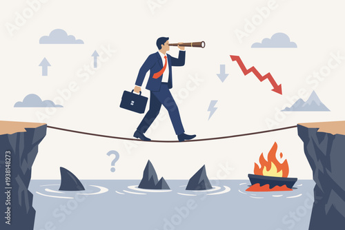 Businessman Walking on Tightrope Over Dangerous Water with Sharks and Fire, Using Telescope to Find Opportunity in Economic Crisis, Risk Management, Financial Stability and Investment Vision.