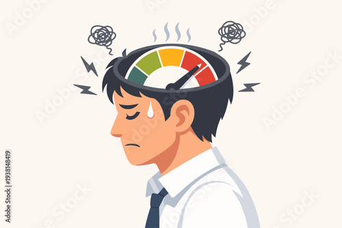 Stressed Businessman with High Anxiety Level Gauge in Head, Concept of Work Burnout, Mental Health Issues, Emotional Exhaustion, Fatigue, and Depression in Professional Environment Illustration