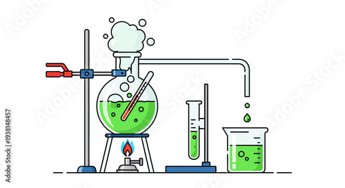 Laboratory equipment for chemical experiments and distillation process.