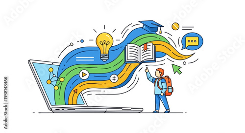 Student learning online with laptop and educational icons.