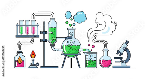 Laboratory equipment and scientific experiment setup with various glassware.
