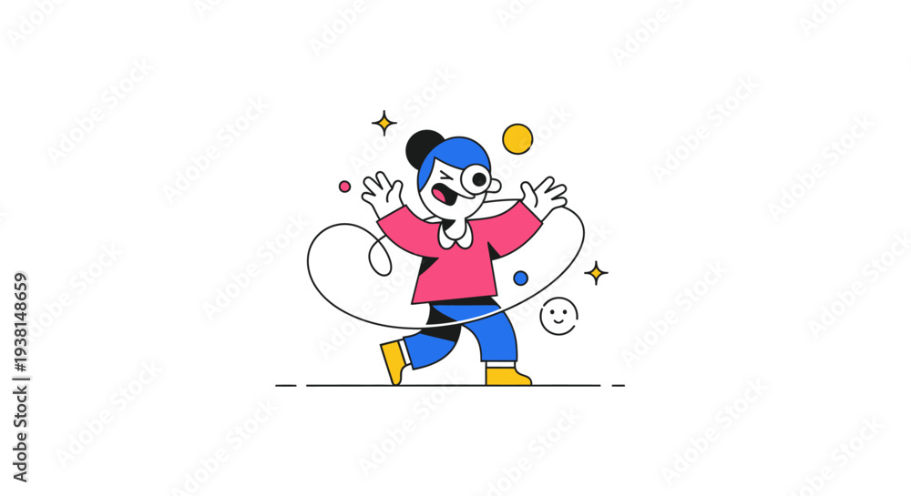 Fototapeta premium Cartoon character juggling objects with dynamic movement.