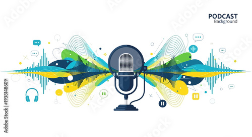 Vibrant Podcast Background with Microphone and Sound Waves.