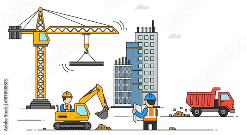 Construction site with crane, excavator, workers, and dump truck.