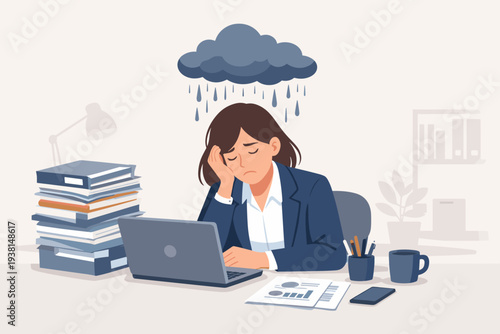 Stressed young businesswoman sitting at office desk with heavy workload and dark rain cloud over head, symbolizing professional burnout, mental health issues, depression, and exhaustion at work.