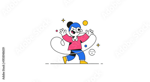 Cartoon character juggling objects with dynamic movement.