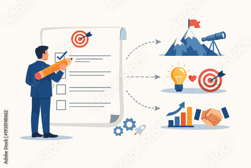 Businessman writing company mission statement, vision, and core values to achieve business goals and strategic growth with checklist, target, lightbulb, mountain, and handshake icons concept