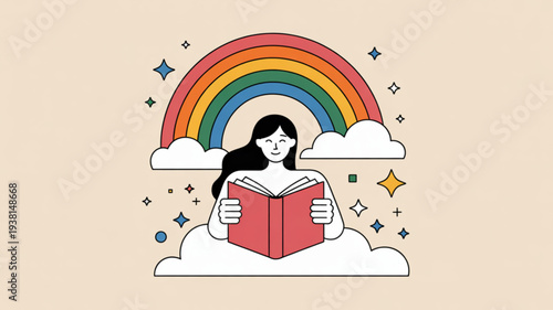 Woman reading book on cloud with rainbow and stars fantasy illustration colorful whimsical dreamy atmosphere soft lighting