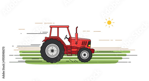 Red Tractor on a Green Field Under the Sun.