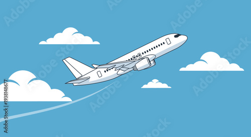 White airplane flying high in blue sky with clouds.