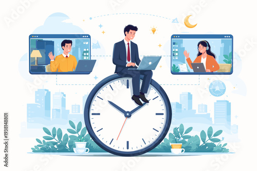 Businessman Working Late on Large Clock for Global Remote Team Collaboration Across Different Time Zones, Concept of Time Management, Overtime, and International Business Video Communication