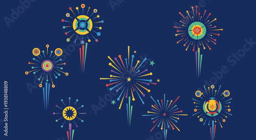 Vibrant Fireworks Display Against Dark Blue Background.