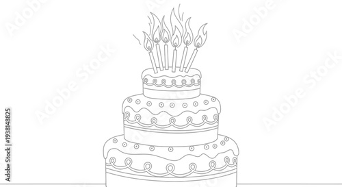 A multi-tiered birthday cake with lit candles on top.