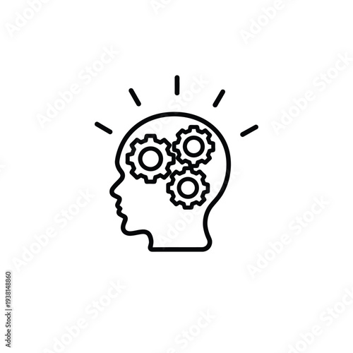 Innovative thinking represented by a human head profile with interlocking gears and radiant lines symbolizing creativity and idea generation