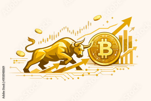 Golden Bull Market Concept with Bitcoin Cryptocurrency Coin and Upward Arrows. Financial Growth and Investment Success in Digital Assets. Soaring Stock Market Chart and Blockchain Technology.