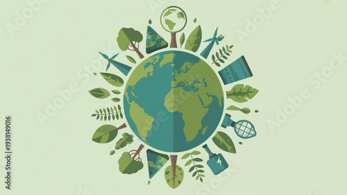 Earth surrounded by eco friendly symbols and leaves on a green background representing environmental conservation and sustainability