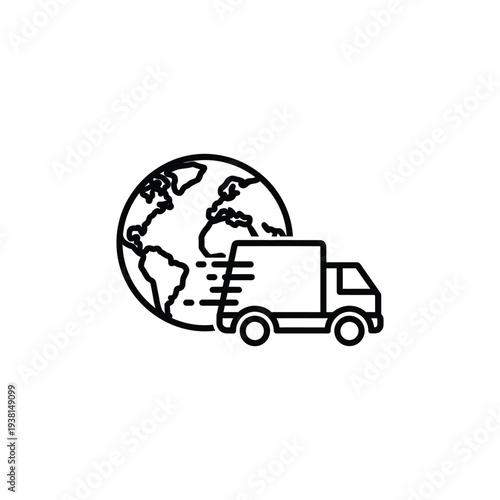 A simple black and white line drawing of a delivery truck driving past a globe, symbolizing global logistics and transportation services.