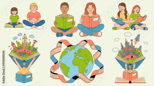 Children reading books sitting on floor with globe and ribbons symbolizing education and learning