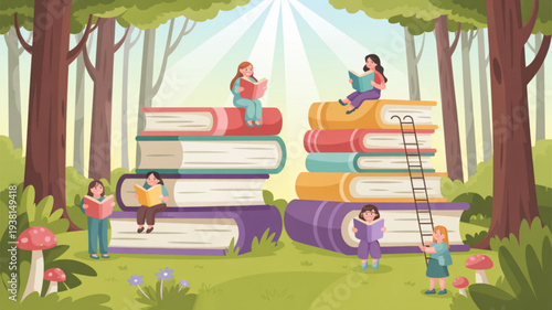 Children playing with large stacks of colorful books in a sunny forest with trees and mushrooms