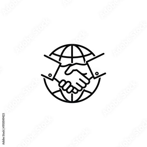Global partnership handshake icon symbolizing international cooperation and unity in a simple line art illustration