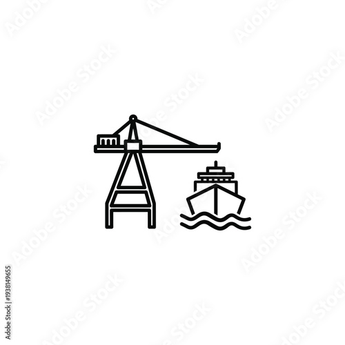 Crane lifting cargo beside a ship at the dock from a high vantage point