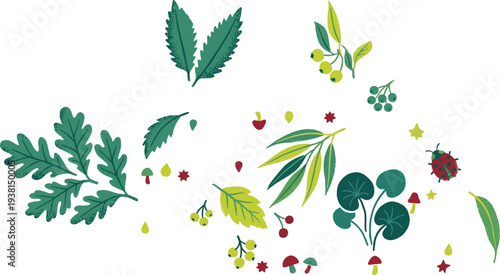 Various green leaves yellow berries and tiny red mushrooms scattered in a charming flat design illustration